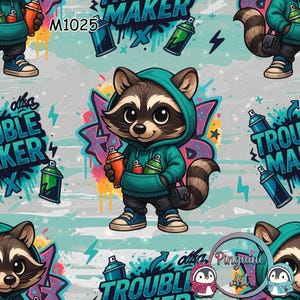 Könnte beinhalten: Wiederholendes Muster mit einem Cartoon-Waschbären in einem türkisfarbenen Kapuzenpullover, der Sprühdosen hält. Das Design umfasst Graffiti-Kunst, Sprühdosen und den Text "Trouble Maker". Der Hintergrund ist hellgrau mit türkisfarbenen Akzenten.