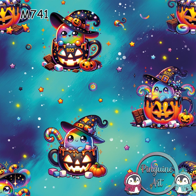 May include: A repeating pattern featuring whimsical Halloween-themed illustrations. The design includes cartoonish creatures in witch hats, nestled in jack-o'-lantern mugs, surrounded by stars, candy, and pumpkins. The color palette is vibrant, with shades of teal, purple, orange, and black.
