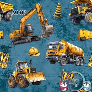 M1417 Exklusiver Baustellen Stoff Bagger Betonmischer Kinderstoff Jungen Bau Fahrzeuge Bauarbeiter – Meterware in 13 Stoffarten wählbar