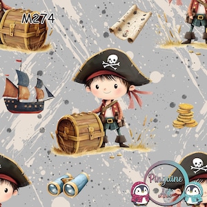 Peut inclure: Motif répété de pirates de dessins animés, de coffres au trésor, de cartes et de navires sur un fond gris avec des éclaboussures de peinture blanche. Les pirates portent des chapeaux avec une tête de mort et des os croisés. Le texte "M274" est inclus.