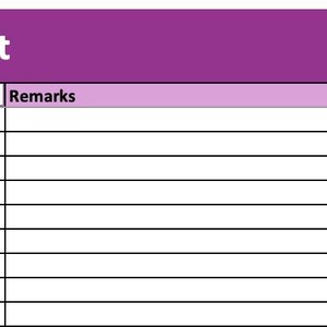 Może przedstawiać: Cyfrowy arkusz śledzenia zadań z fioletowym nagł&oacute;wkiem z napisem "Assignment Tracker Sheet". Arkusz zawiera kolumny dla typu zadania, przedmiotu/kursu, statusu, terminu, priorytetu, pozostałych dni i uwag.