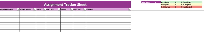 Może przedstawiać: Cyfrowy arkusz śledzenia zadań z fioletowym nagł&oacute;wkiem z napisem "Assignment Tracker Sheet". Arkusz zawiera kolumny dla typu zadania, przedmiotu/kursu, statusu, terminu, priorytetu, pozostałych dni i uwag.