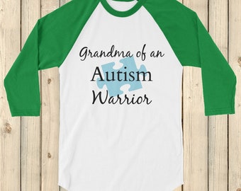 Grandma of an Autism Warrior Awareness Puzzle Piece 3/4 Sleeve Unisex Raglan - Choose Color