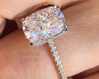 Anillo de compromiso con moissanita de 3 quilates, talla cojín alargada, ideal como regalo de aniversario o para bodas. Oro macizo de 14k.