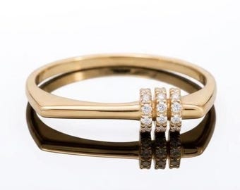 Pierścionek z płaską pręcikiem z żółtego złota 14K | Mały prostokątny pierścionek sygnetowy z diamentem | Poziomy pierścionek z pręcikiem dla kobiet | Prezent na Dzień Matki