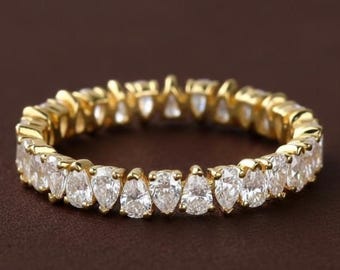 Obrączka ślubna z moissanitem w kształcie gruszki, pełna wieczność | Minimalistyczna obrączka rocznicowa | Delikatna złota biżuteria ślubna vintage