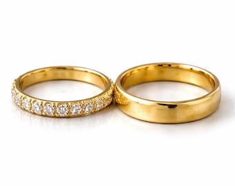 Zestaw obrączek dla par ze złota 14K | Delikatna obrączka z diamentami typu half eternity | Minimalistyczna biżuteria rocznicowa | Pierścionek dla pary dla niej i dla niego | Obrączka „Promecanique Love”