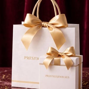Puede incluir: Una bolsa y una caja de regalo blancas con lazos de sat&eacute;n dorado. La bolsa tiene un asa de cuerda trenzada y la caja es cuadrada. Las palabras "PRESTIGE" y "PRESTIGEJEWELSUS" est&aacute;n impresas en la bolsa y la caja.