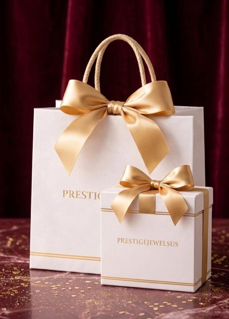 Puede incluir: Una bolsa y una caja de regalo blancas con lazos de sat&eacute;n dorado. La bolsa tiene un asa de cuerda trenzada y la caja es cuadrada. Las palabras "PRESTIGE" y "PRESTIGEJEWELSUS" est&aacute;n impresas en la bolsa y la caja.