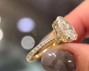 Anillo de compromiso con moissanita de 3 quilates de corte ovalado, oro macizo de 14k, anillo de boda, regalo de aniversario para mujer.