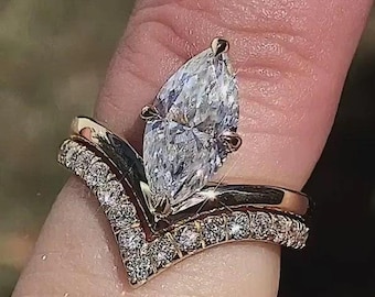Anillo de moissanita con corte marquesa / Oro amarillo de 14 quilates / Anillo nupcial / Anillo de compromiso de moissanita con corte marquesa / Alianza de boda curva