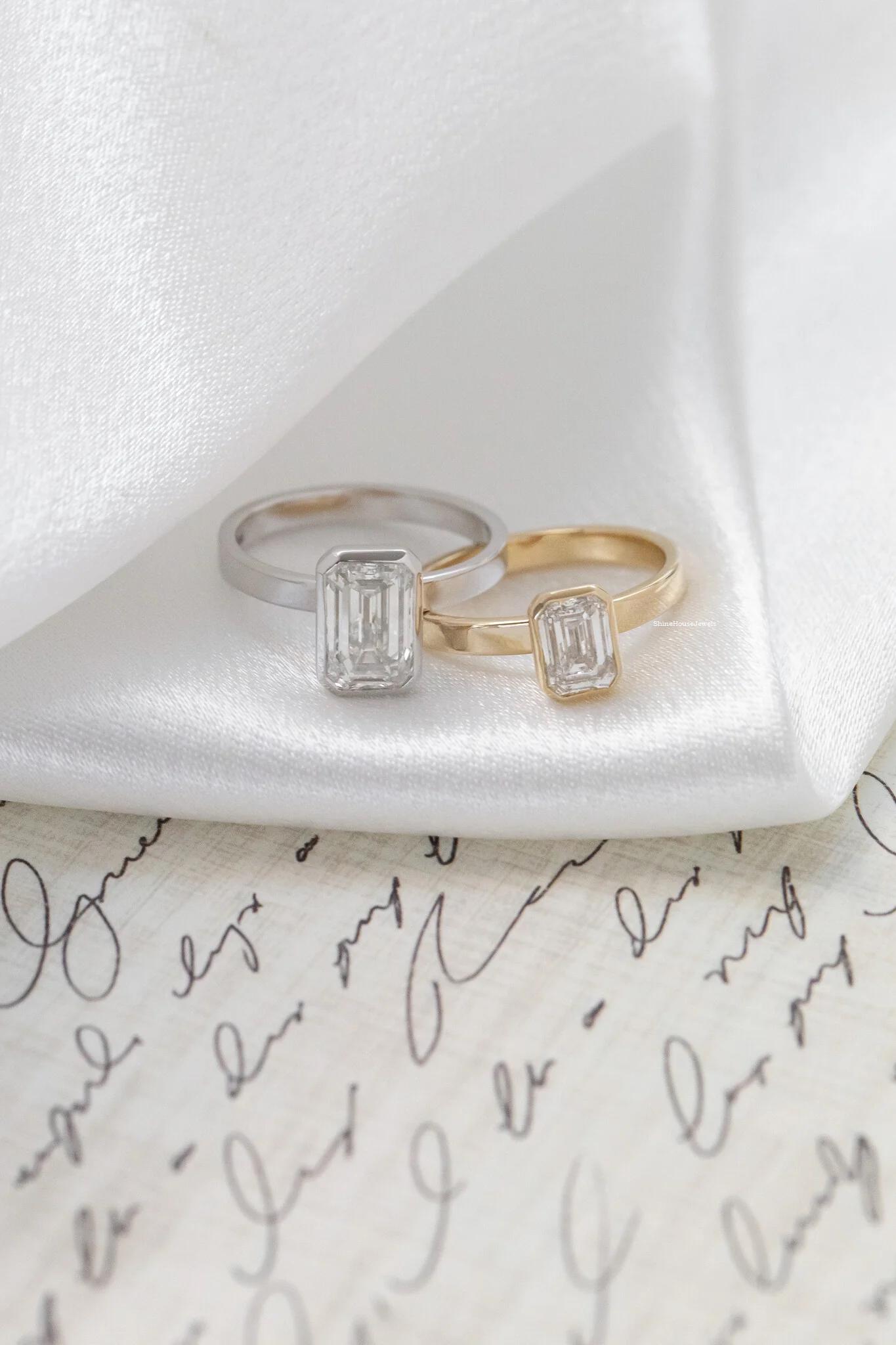 Diamond Look Rings Emerald Cut Moissanite Bezel Set Ring, 14K White Gold Minimalist ...