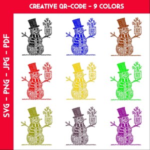 Może przedstawiać: Dziewięć kolorowych wzorów bałwana, każdy trzymający roślinę i kod QR. Bałwany noszą cylindry i szaliki. Obraz zawiera tekst "CREATIVE QR-CODE - 9 COLORS" oraz informacje o typie pliku.