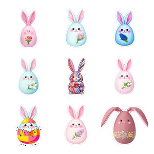 May include: Nine Easter bunny egg stickers in pastel shades. The stickers feature floral designs and patterns. The bunnies have long ears and smiling faces, ideal for spring crafts and decorations. Each sticker is a unique design.