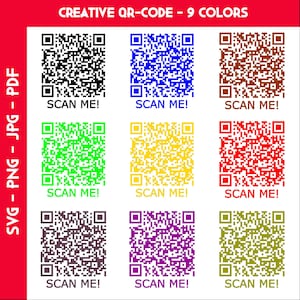 Puede incluir: Nueve códigos QR coloridos en negro, azul, marrón, verde, amarillo, rojo, gris, morado y verde oliva. Cada código tiene el texto "SCAN ME!". La imagen está etiquetada como "CREATIVE QR-CODE - 9 COLORS" y enumera tipos de archivos.