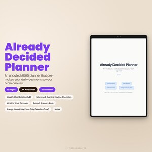 Puede incluir: Un planificador digital titulado Already Decided Planner, con 12 páginas en tamaños A4 y US Letter. Incluye secciones para rotación de comidas, listas de rutinas, fórmulas de vestuario, planes diarios basados en energía y notas en PDF.