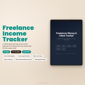 Può includere: Un modello digitale di Freelance Income Tracker visualizzato sullo schermo di un tablet accanto a un testo descrittivo. L'interfaccia include sezioni per l'elenco clienti, il tracciamento delle fatture, il riepilogo dei redditi e note.