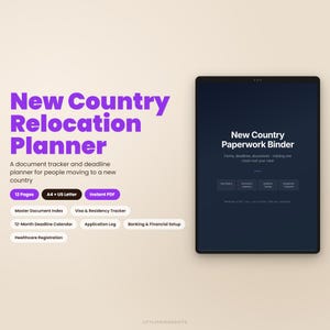 Può includere: Un pianificatore digitale per il trasferimento in un nuovo paese, tracker di documenti e scadenze. L'interfaccia mostra New Country Paperwork Binder, 12 Pages, A4 + US Letter, Instant PDF, Master Document Index, Visa & Residency Tracker, 12-Month Deadline Calendar, Application Log, Banking & Financial Setup e Healthcare Registration.