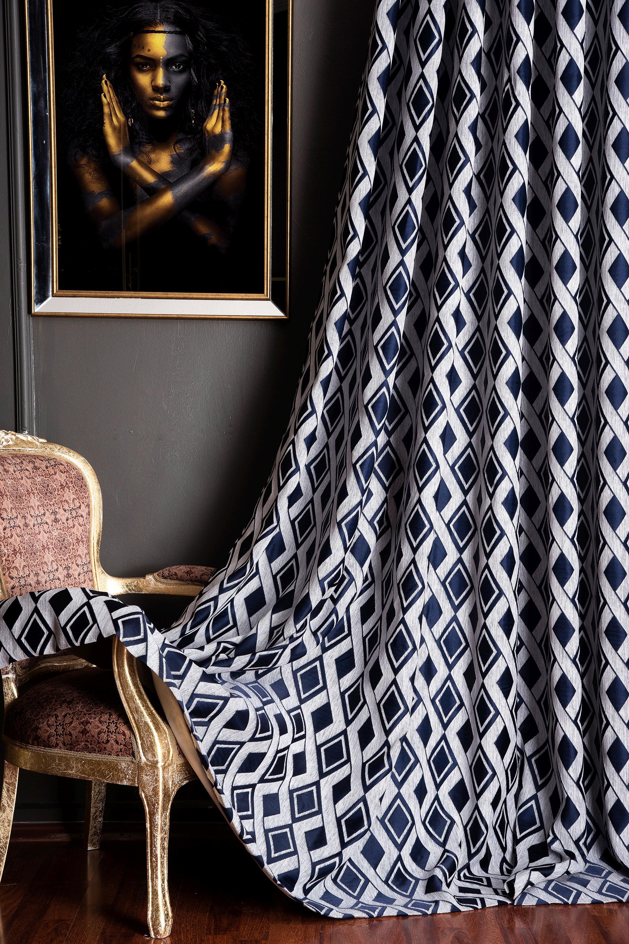 Modern Navy Blue and White Geometric Pattern Curtain - Minimal Woven