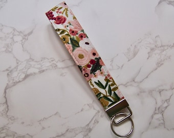 Pretty key fob in a rose colored flower rifle paper fabric , preppy key strap , pretty pink flowers key strap , lanyard for your keys