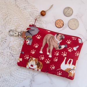 Red Dog Fabric Coin Purse: Zippered Small Wallet with Clip