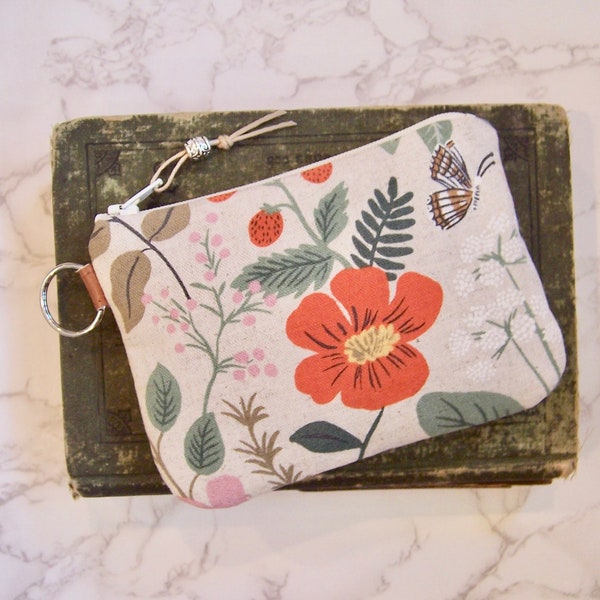 Cute key ring coin wallet in a tan Rifle Paper co fabric - Change purse-minimalist wallet-hook on to your keys wallet -matching key fob