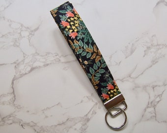 Pretty key fob in a black flower  rifle paper fabric , preppy key strap , pretty yellow flowers key strap , lanyard for your keys