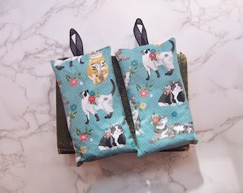 Set of two hanging lavender sachets-cat fabric- for your drawers or bathroom- sleep aid or small gift travel sachet- decor with cats