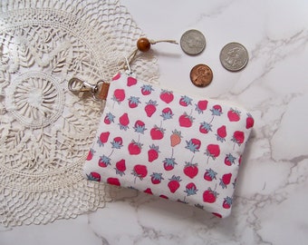 Clip on Coin purse in a cute strawberry fabric - Change purse -small zipper wallet with a clip-will fit all your cards and change- wallet