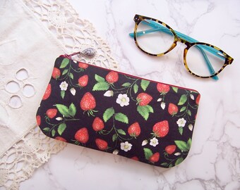 Black with strawberries fabric Eyeglass/Sunglass case with a zipper so glasses will be safe in this padded case - phone case for cell phone.