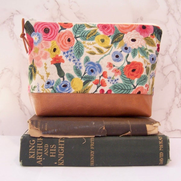 Pretty Rifle paper co fabric cosmetic bag- Make up bag - bag clutch with vinyl lining -gift for her- faux leather-linen fabric with flowers