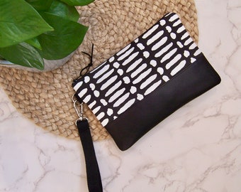 Modern black and white wristlet - everyday bag -detachable strap so use it as a clutch or a wristlet-clutch- phone wallet-large wristlet