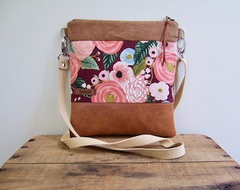 Floral Rifle Paper Crossbody Bag: Faux Leather & Waxed Canvas Hipster Bag