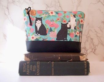 Cats and flowers  Make up Cosmetic bag - bag clutch with vinyl lining - cosmetic bag-gift for her- perfect gift for crazy cat person-cats
