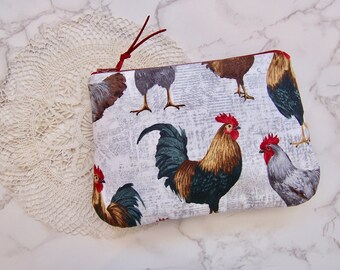 bag with roosters  -Flat notion pouch - storage case-zippered pouch-little bag-clutch-glass case-cosmetic bag-phone bag