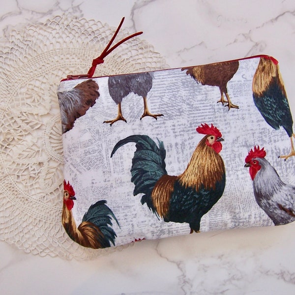 bag with roosters  -Flat notion pouch - storage case-zippered pouch-little bag-clutch-glass case-cosmetic bag-phone bag