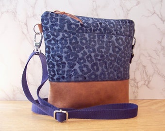 Cross body bag - Hipster bag in a blue velvet leopard fabric with faux leather - adjustable strap-hands free bag- long strap-travel