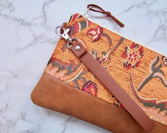 Modern Orange velvet wristlet - everyday bag -detachable strap so you can use it as a clutch or a wristlet-phone bag-clutch- wallet.