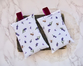 A set of two large lavender sachets - velvet hanging tap - purple fabric with bees-generous amount of lavender - Gift for a friend