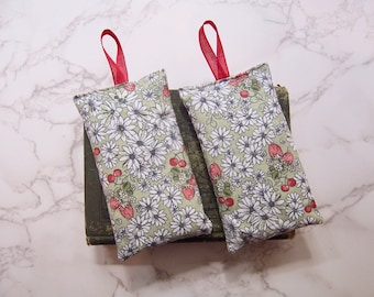 Set of two hanging lavender sachets- green flower fabric-for your drawers or bathroom- sleep aid or small gift- travel sachet- decor