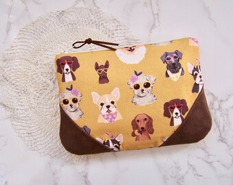 Mustard bag with dogs  -Flat notion pouch - storage case-zippered pouch-little bag-clutch-glass case-cosmetic bag-phone bag