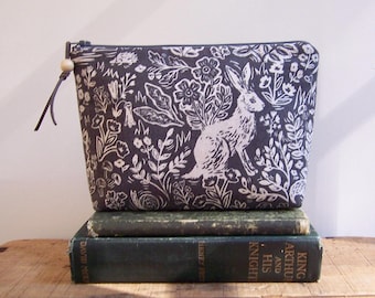 Modern gray with a hare Cosmetic Bag: gray Fabric Clutch, Vinyl Lined