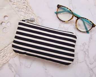 Black and white stripe fabric Eyeglass/Sunglass case with a zipper so glasses will be safe in this padded case - phone case for cell phone