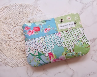 Dream big pouch -Flat notion pouch - storage case-zippered pouch-little bag-clutch-glass case-cosmetic bag-vintage lace purse