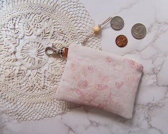 Clip on Coin purse in a romantic soft pink flower fabric - Change purse -small zipper wallet with a clip-will fit all your cards - wallet