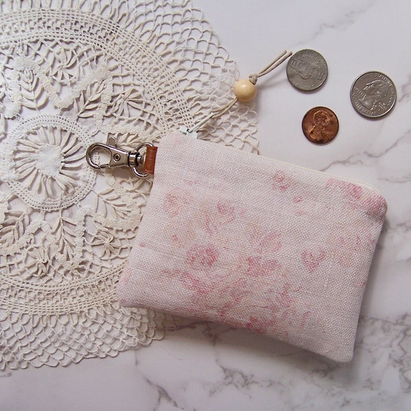 Clip on Coin purse in a romantic soft pink flower fabric - Change purse -small zipper wallet with a clip-will fit all your cards - wallet