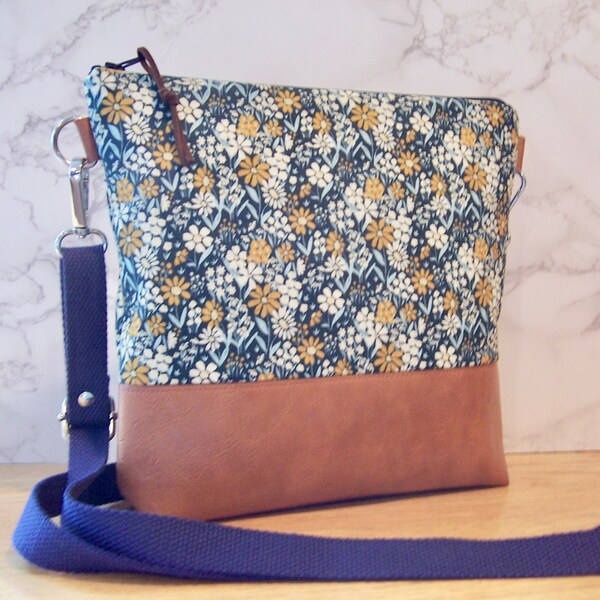 Cross body bag - Hipster bag in a blue flower fabric with faux leather - adjustable strap-hands free bag- long strap-travel bag-purse