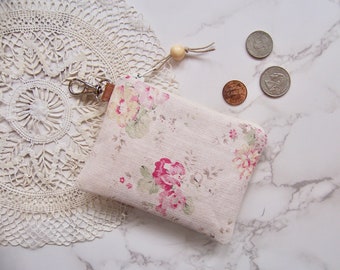 Clip on Coin purse in a romantic soft pink flower fabric - Change purse -small zipper wallet with a clip-will fit all your cards - wallet