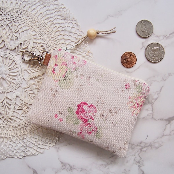 Clip on Coin purse in a romantic soft pink flower fabric - Change purse -small zipper wallet with a clip-will fit all your cards - wallet