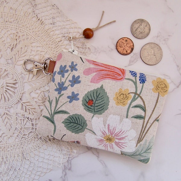 Clip on Coin purse in a Rifle paper flower fabric - Change purse -small zipper wallet with a clip-will fit all your cards and change- wallet